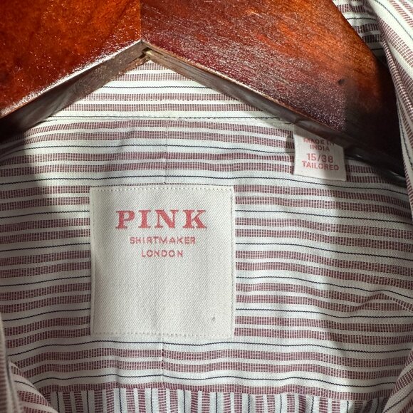 PINK London Shirt Mens  15 Tailored Button Up Muted Red White Stripe Cotton - Picture 5 of 7